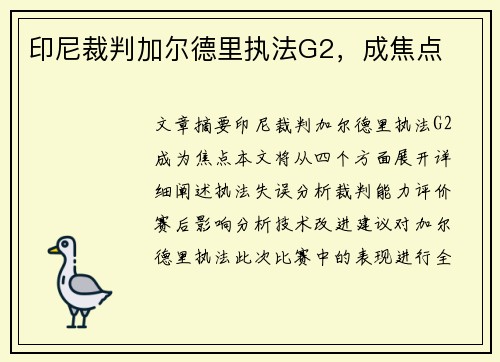 印尼裁判加尔德里执法G2，成焦点